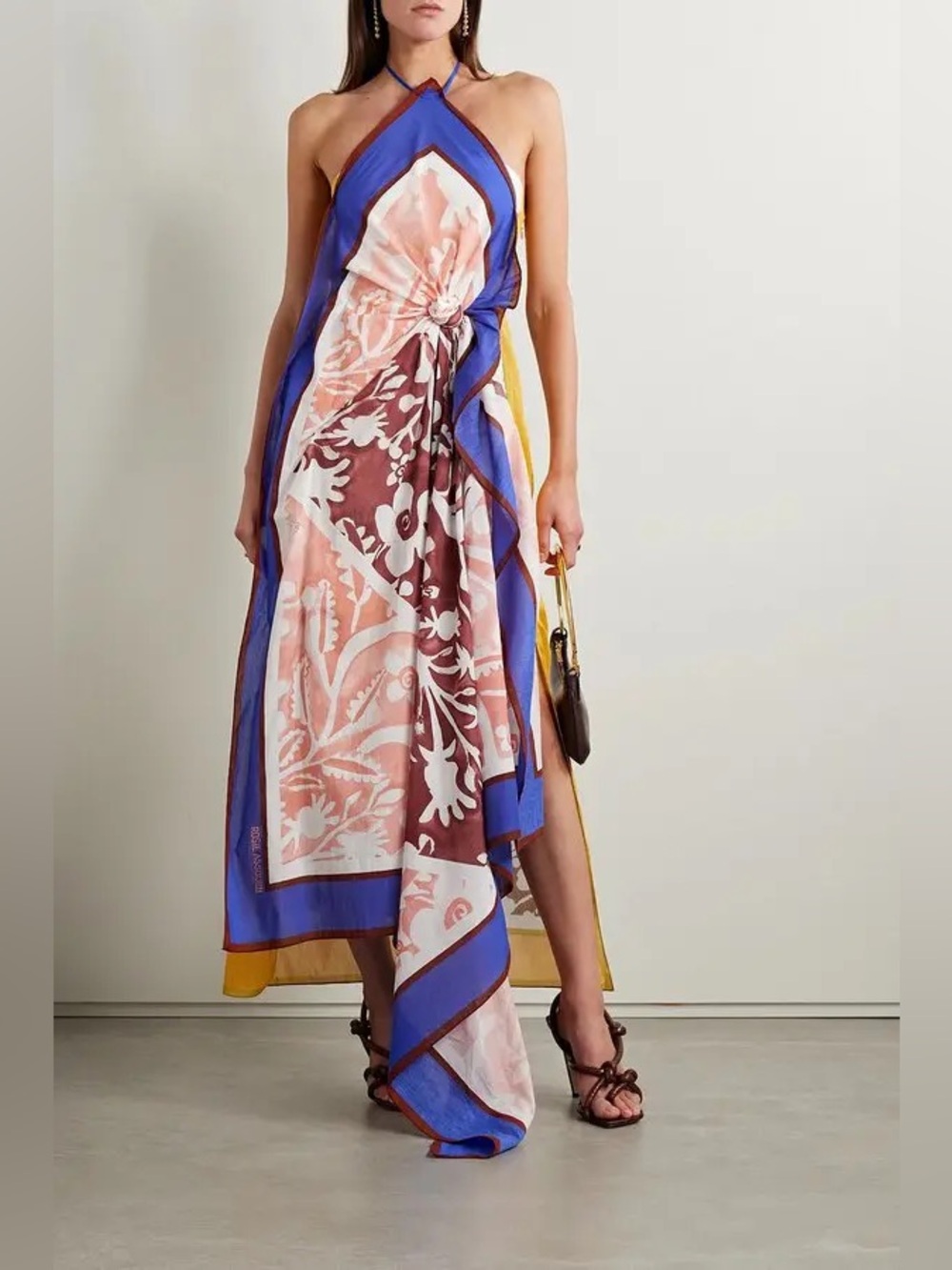 $1590 ROSIE ASSOULIN Draped knotted printed cotton-voile halterneck maxi dress 4